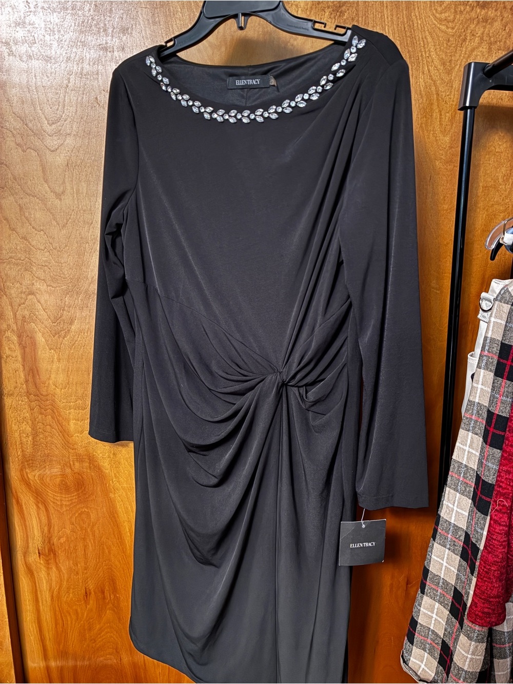 Ellen Tracy Black Long-Sleeve Draped Knot Dress Embellished Jewel Neck Ruched 12